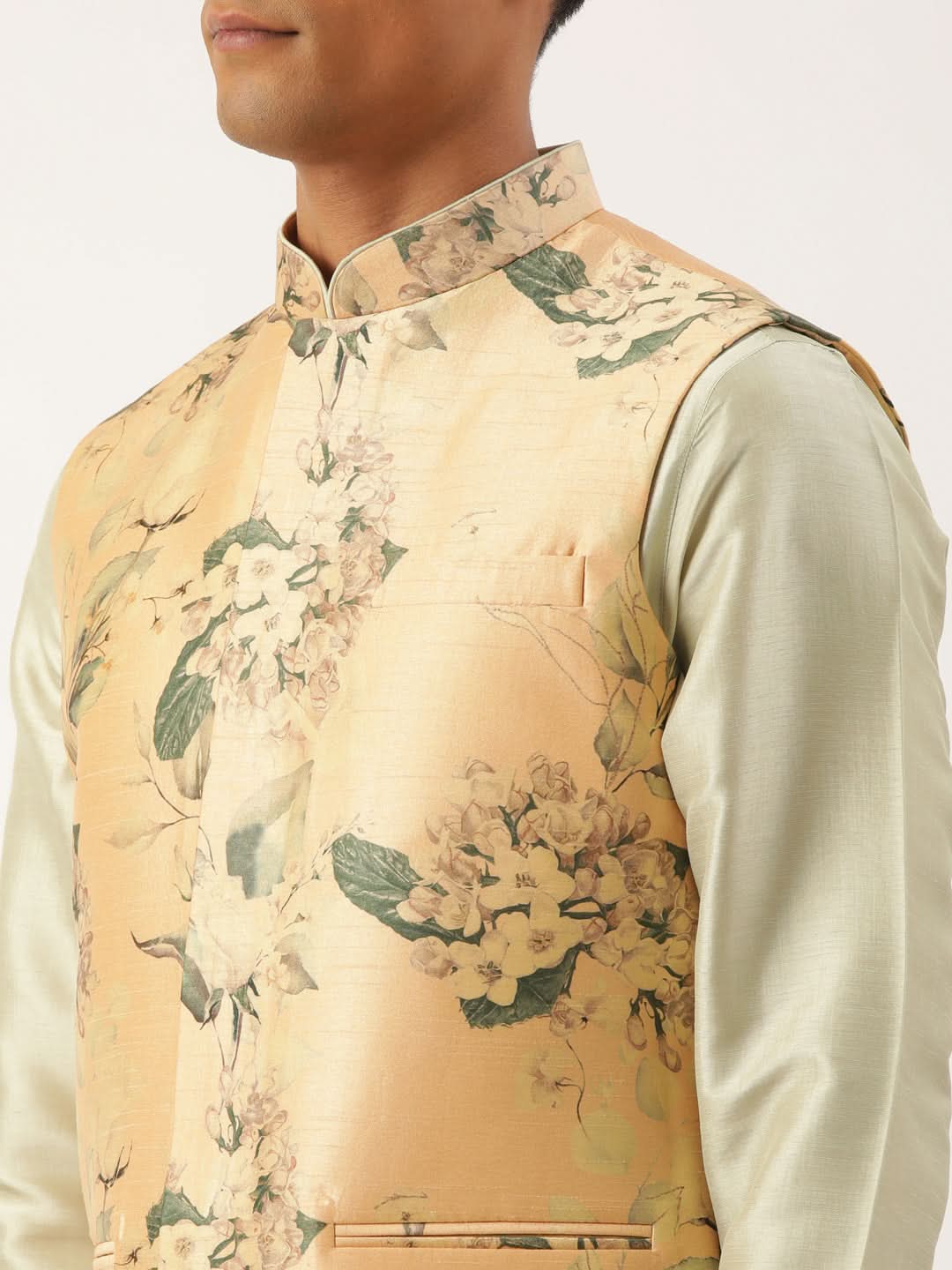 Beige Printed Cotton Jacket Kurta Set