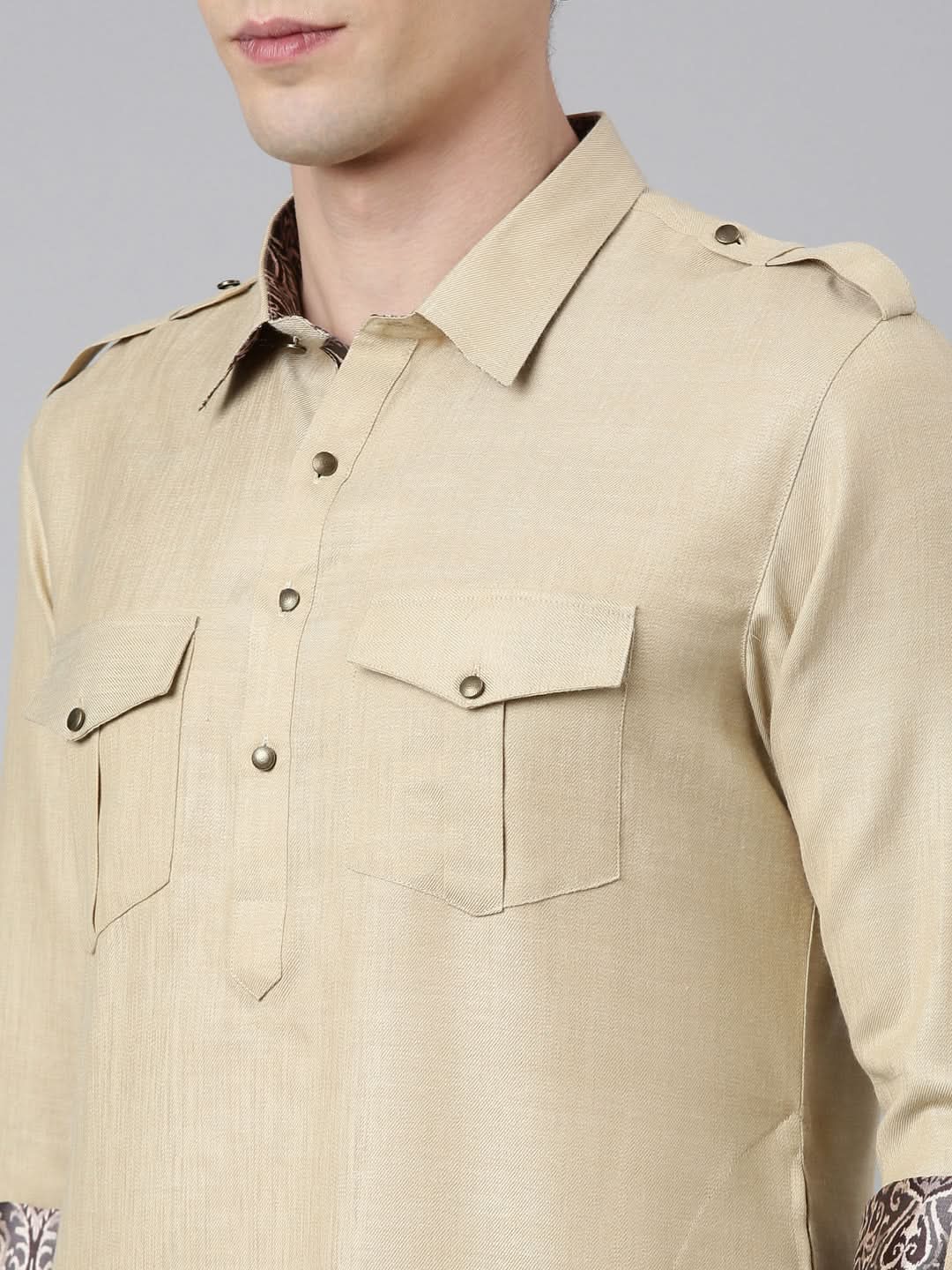 Sepia Tone Printed Jacket With Pathani Set