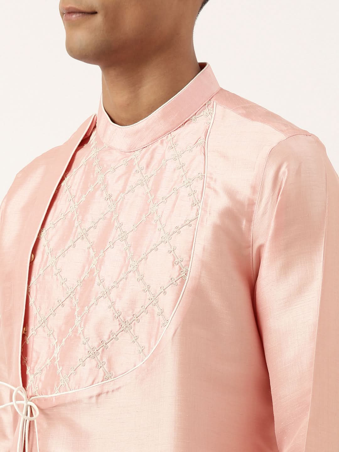 Peach Silk Embroidery Angrakha Kurta Set