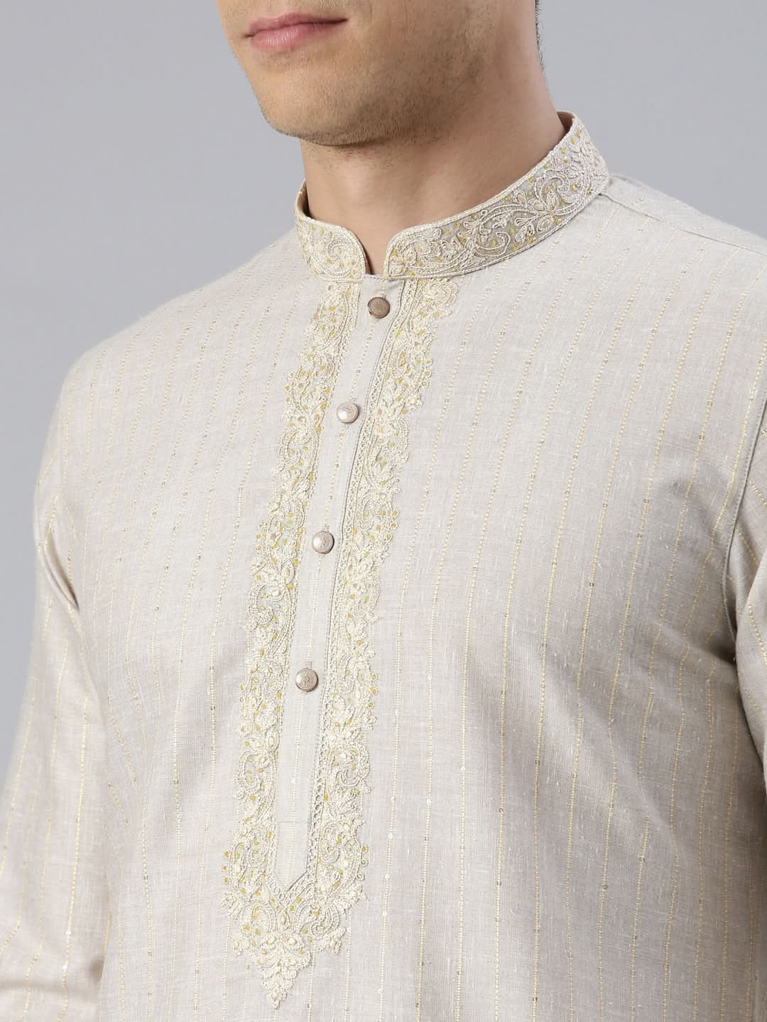 Beige Yellow Linen Embroidered Kurta