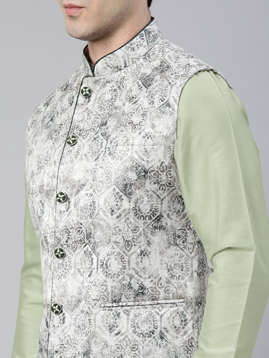 Grey Green Jacquard Jacket With Kurta
