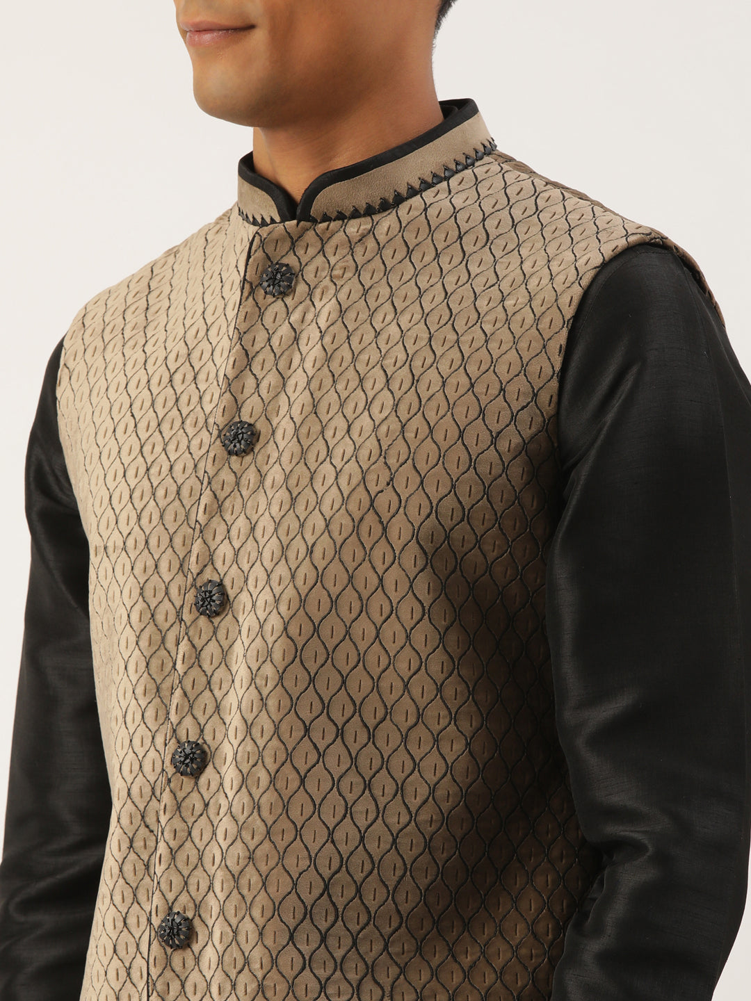 Beige Embroidered Jacket Kurta Set