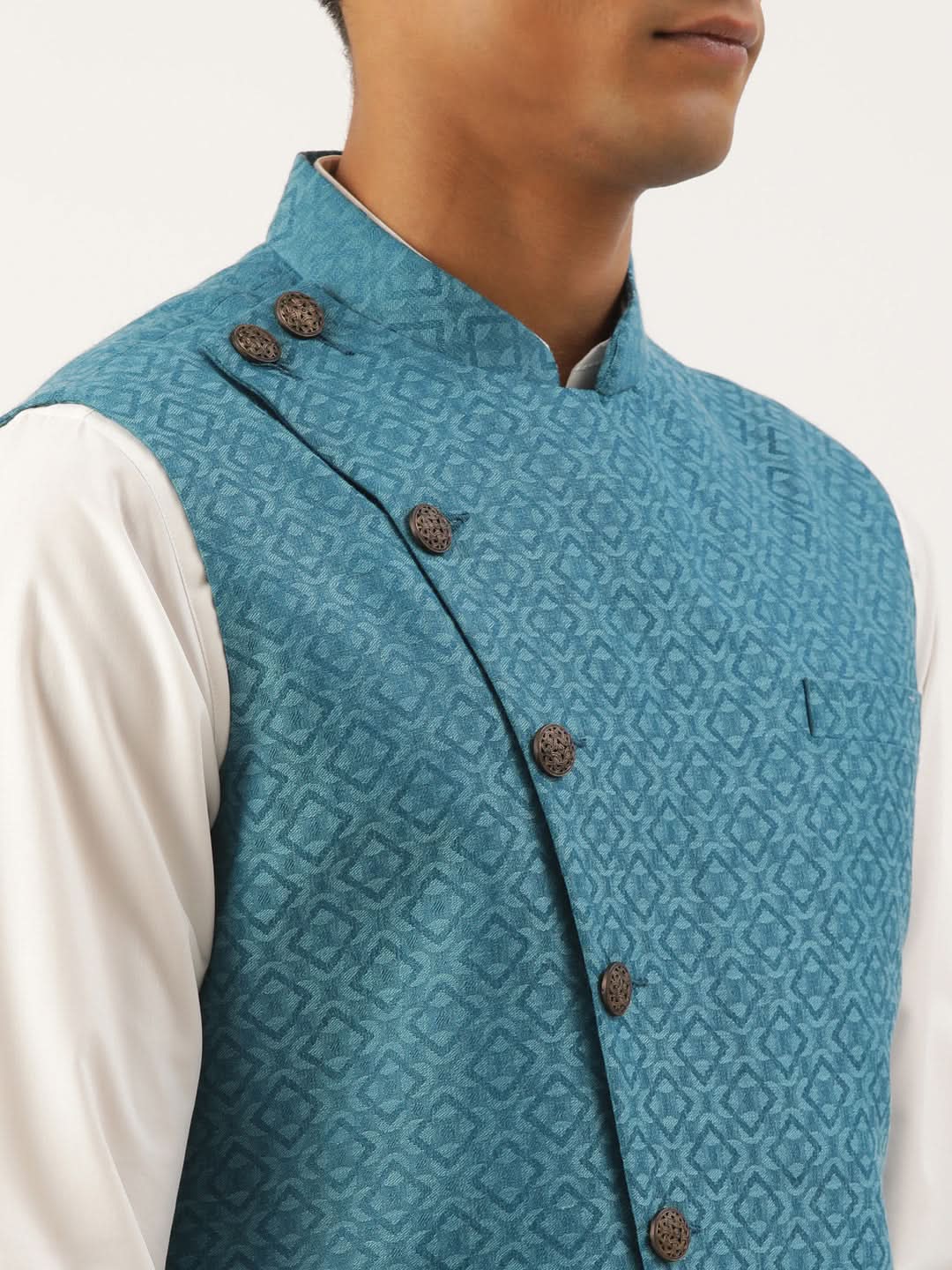 Teal Blue Cotton Jacket With White Kurta