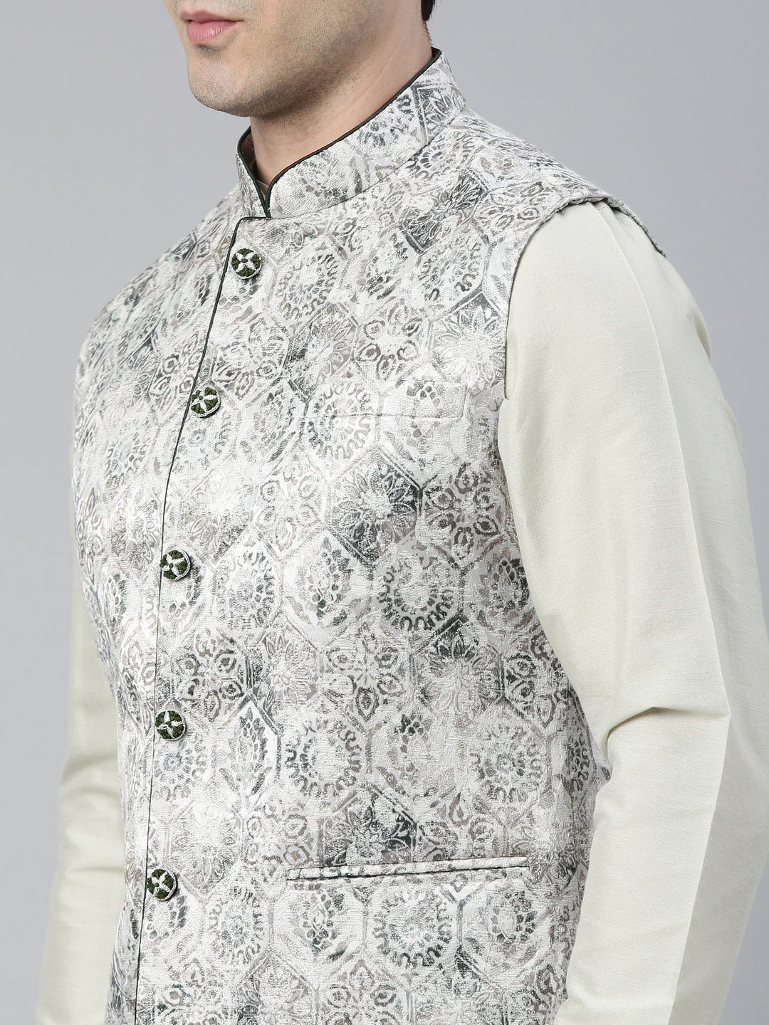 Grey Green Jacquard Jacket With Green Kurta
