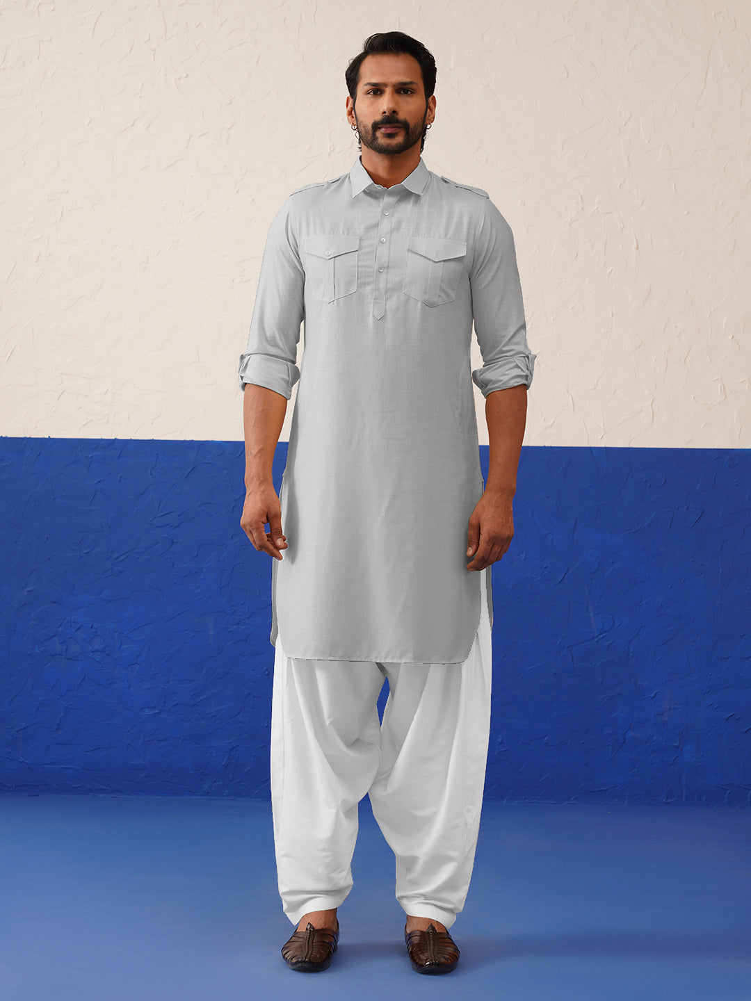 Grey Pure cotton Pathani with Salwar