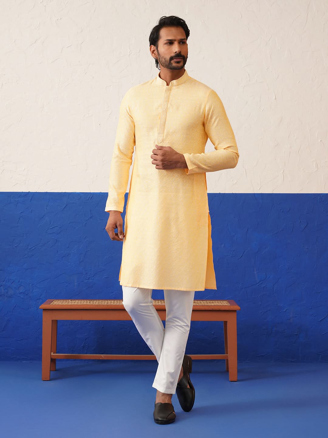 Yellow Jacquard Embroidered Kurta Set