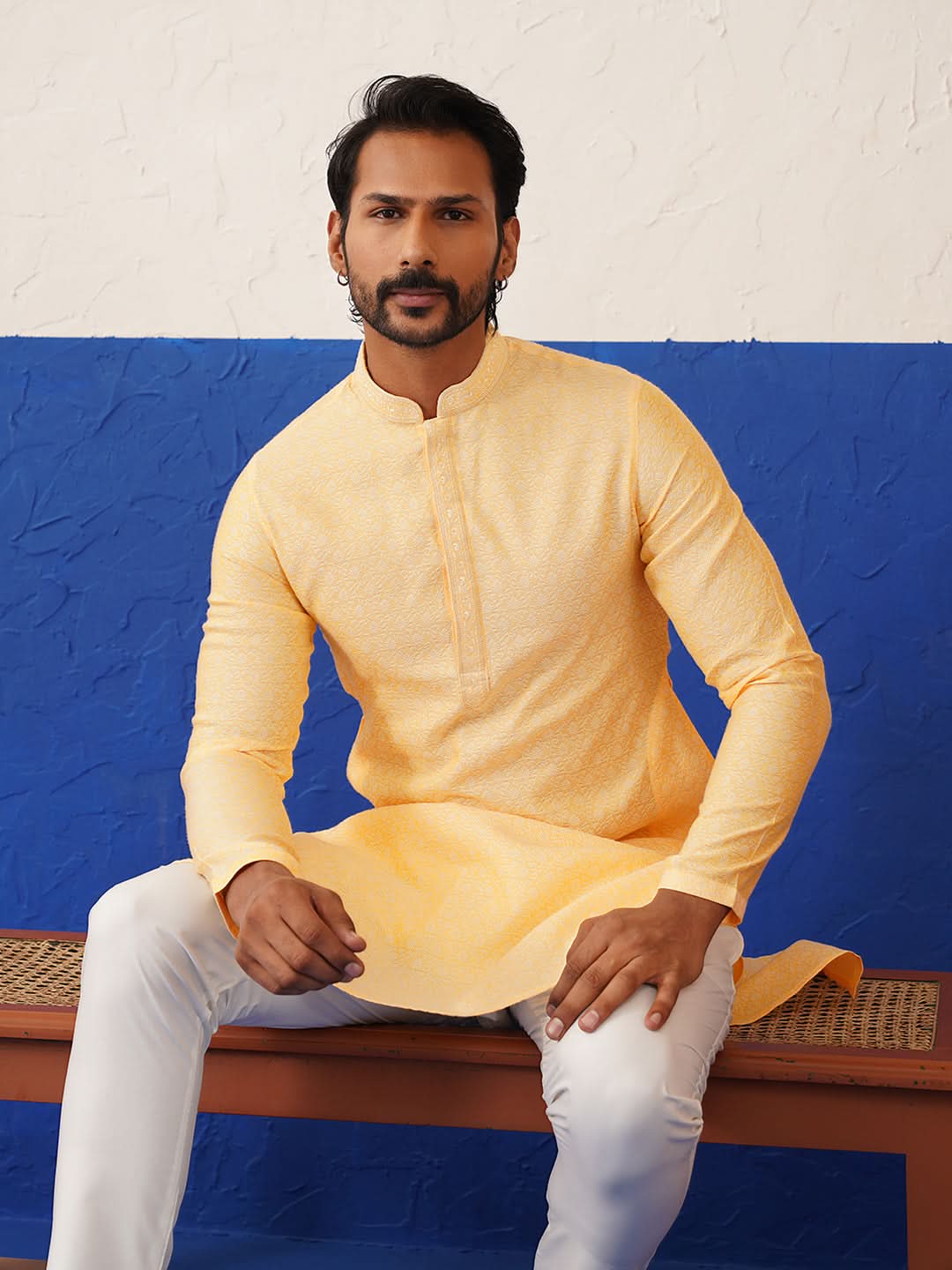 Yellow Jacquard Embroidered Kurta Set