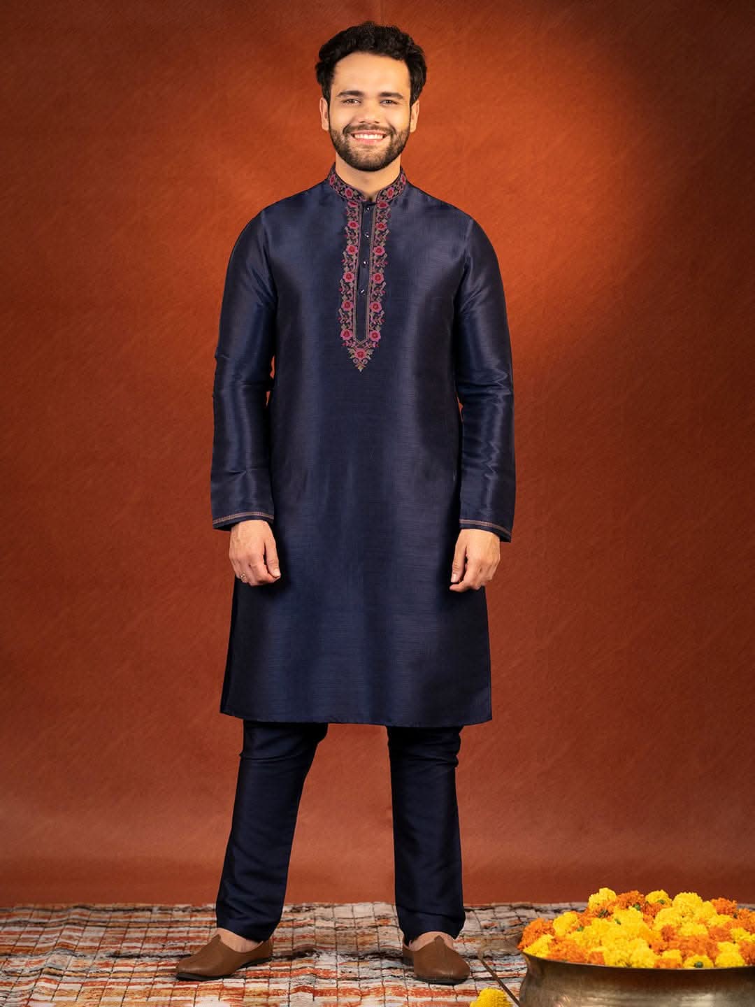 Navy Pashmina Embroidered Kurta set