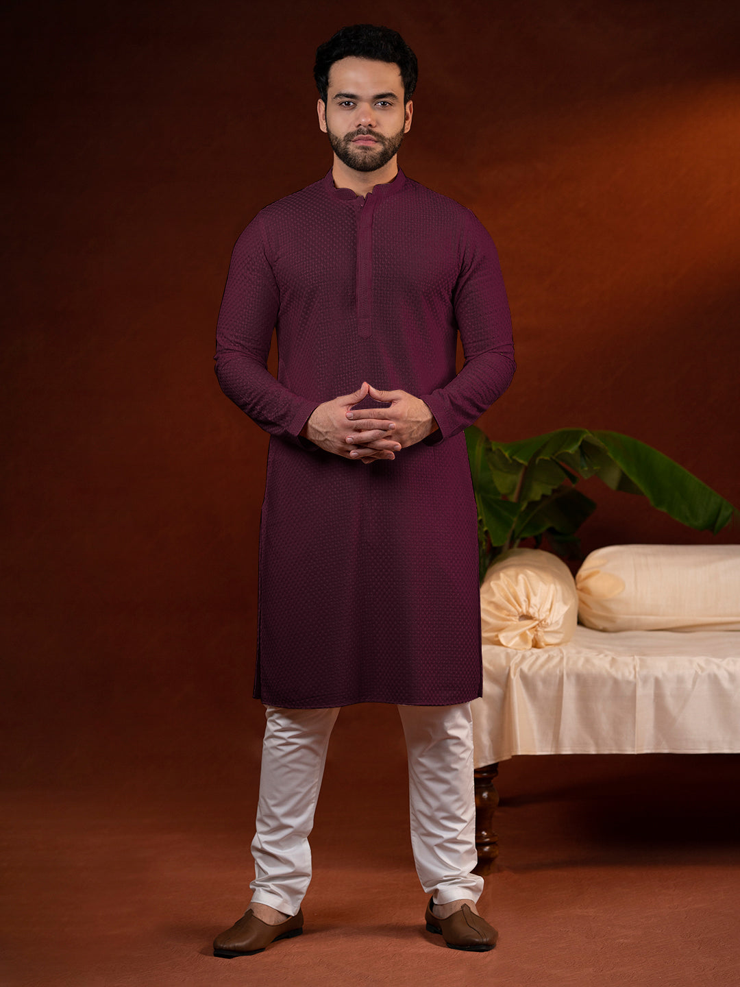 Wine Chikankari Kurta Set