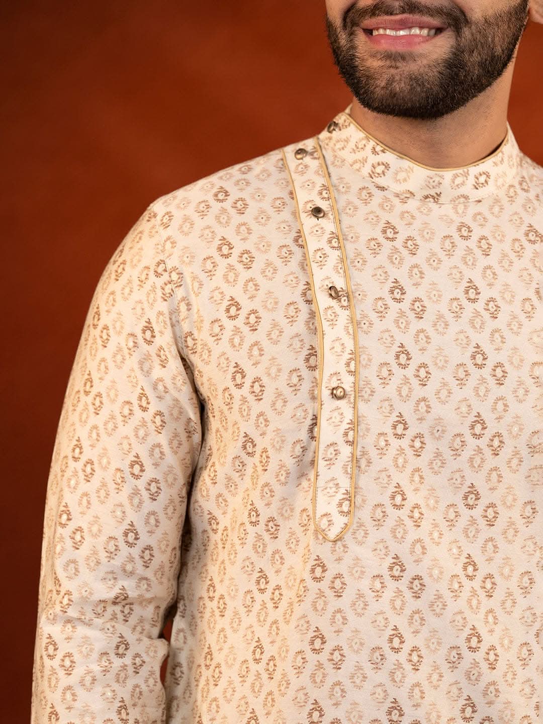 Cream Printed Side Open Kurta Set