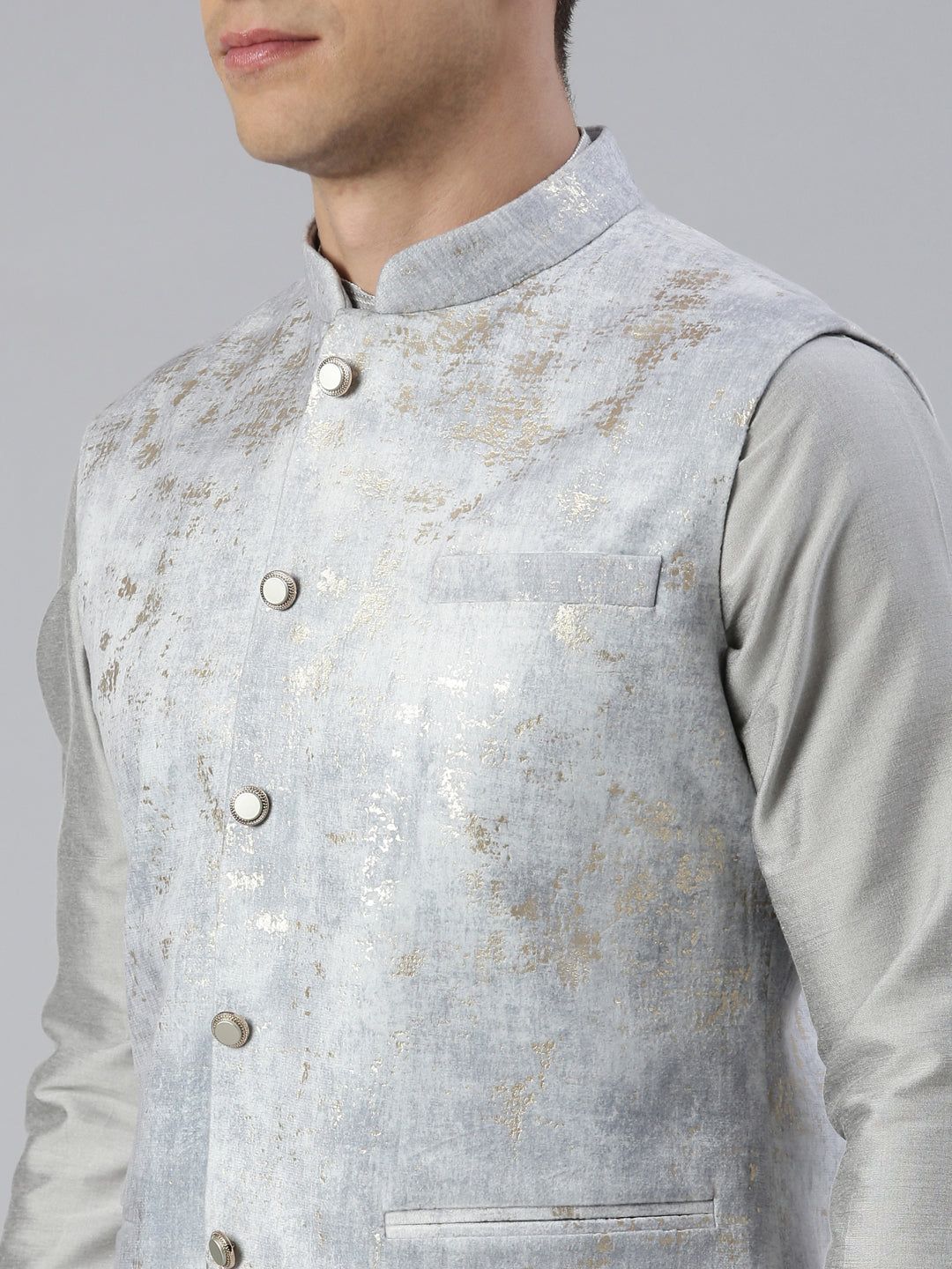 Grey Velvet Jacket With Grey Kurta Set