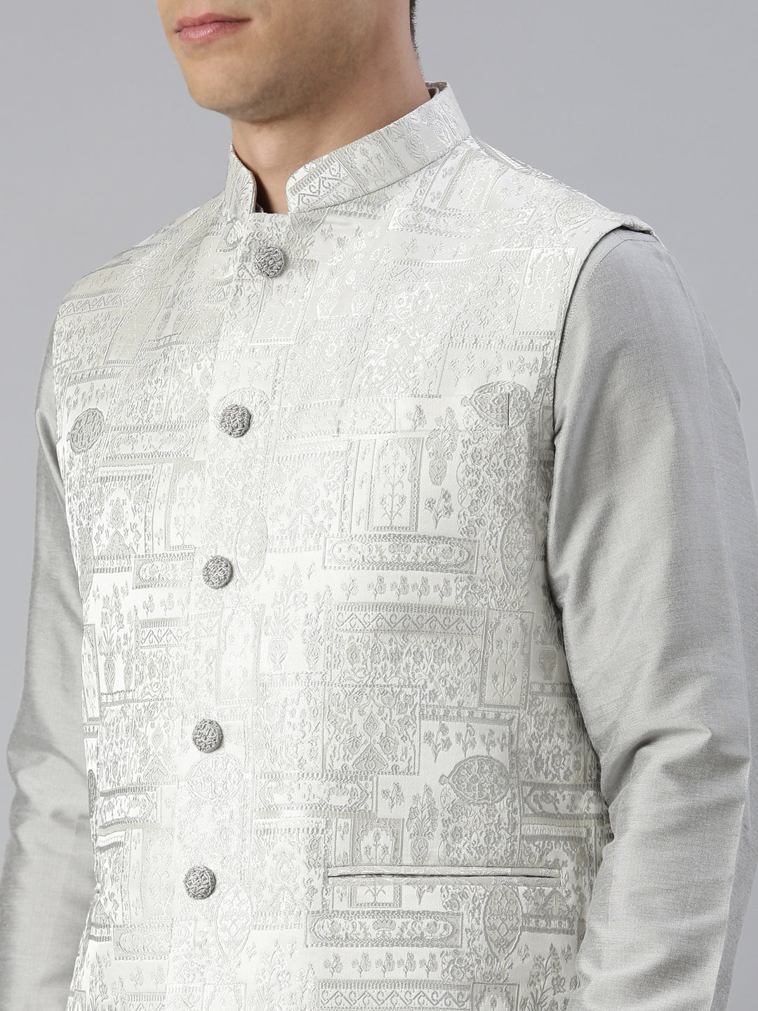 Grey Jacquard Jacket with Kurta Set