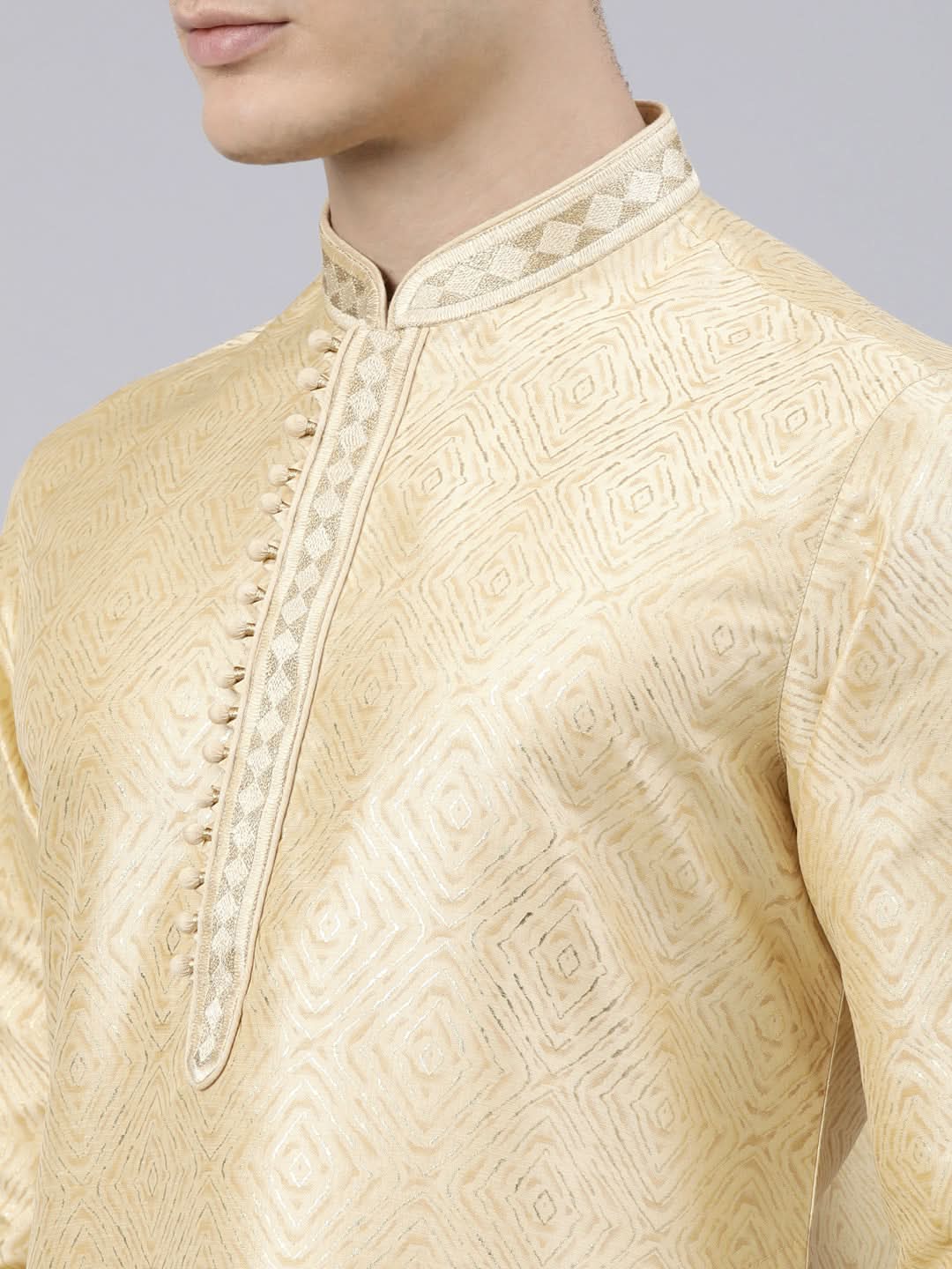 Beige Art Silk Kurta Set with Shining Golden Khadi Print