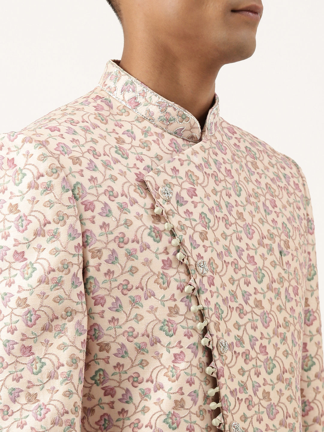 Peach Floral Angrakha Embroidered Indo