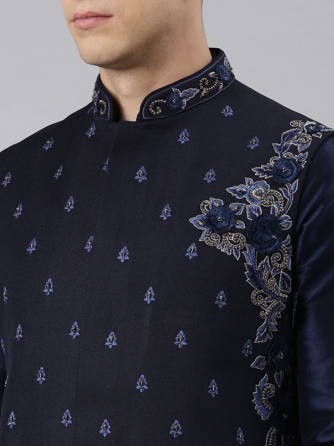 Navy Blue embroidered Jacket And Kurta Set