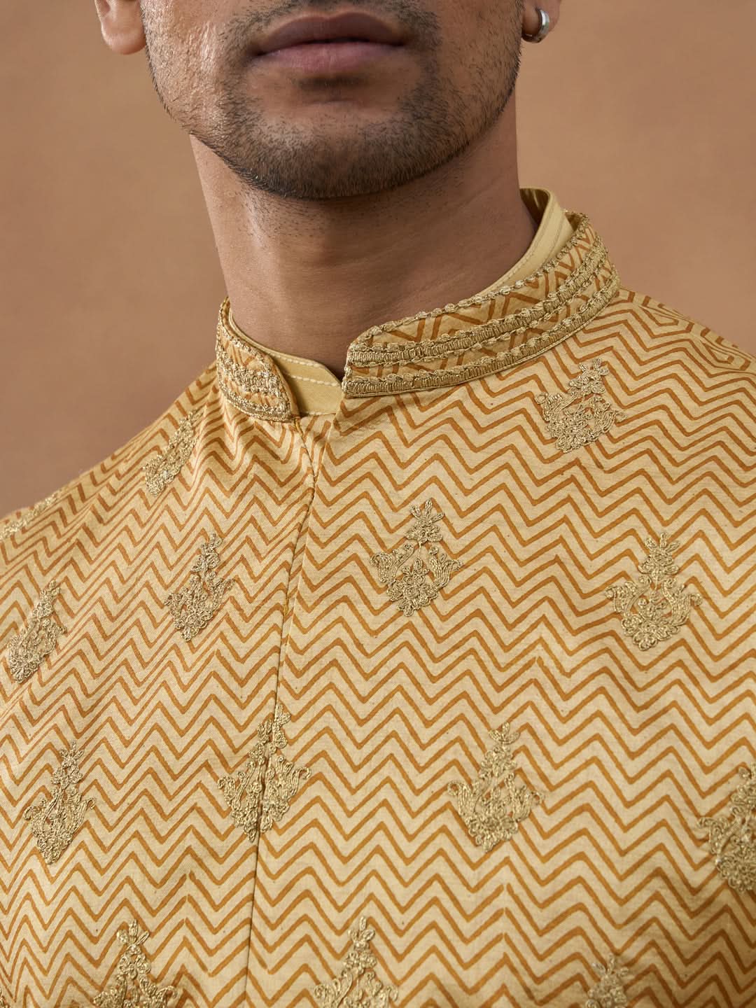Gold Herringbone Printed Bundi Kurta Set
