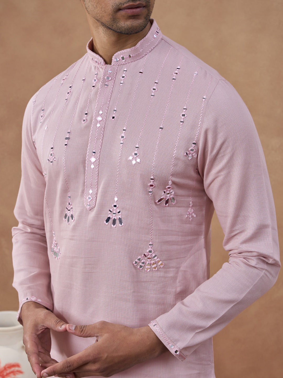 Peach Mirror Embroidered Kurta Set