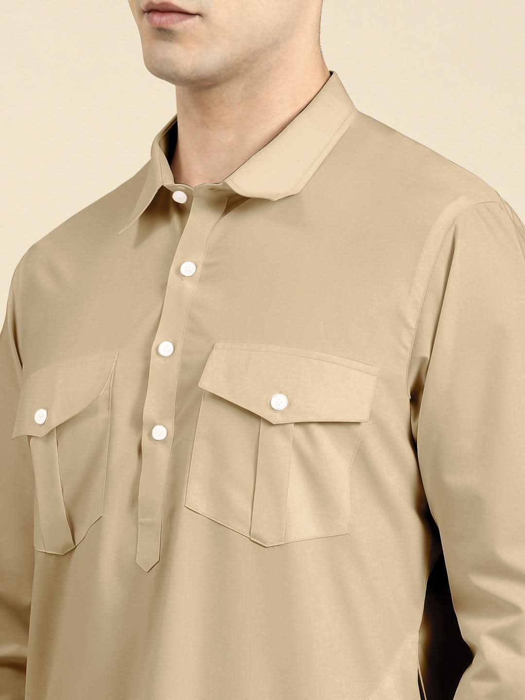 Beige Fine Cotton Pathani With Salwar