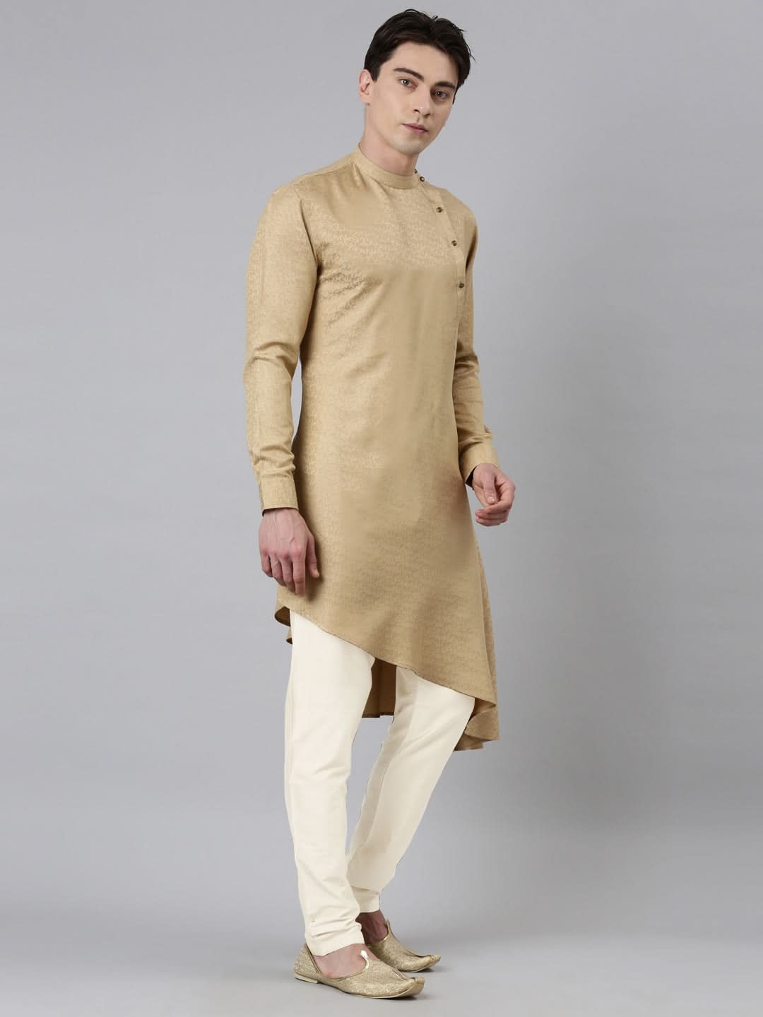 Beige Self-Design Drape Side-Open Kurta