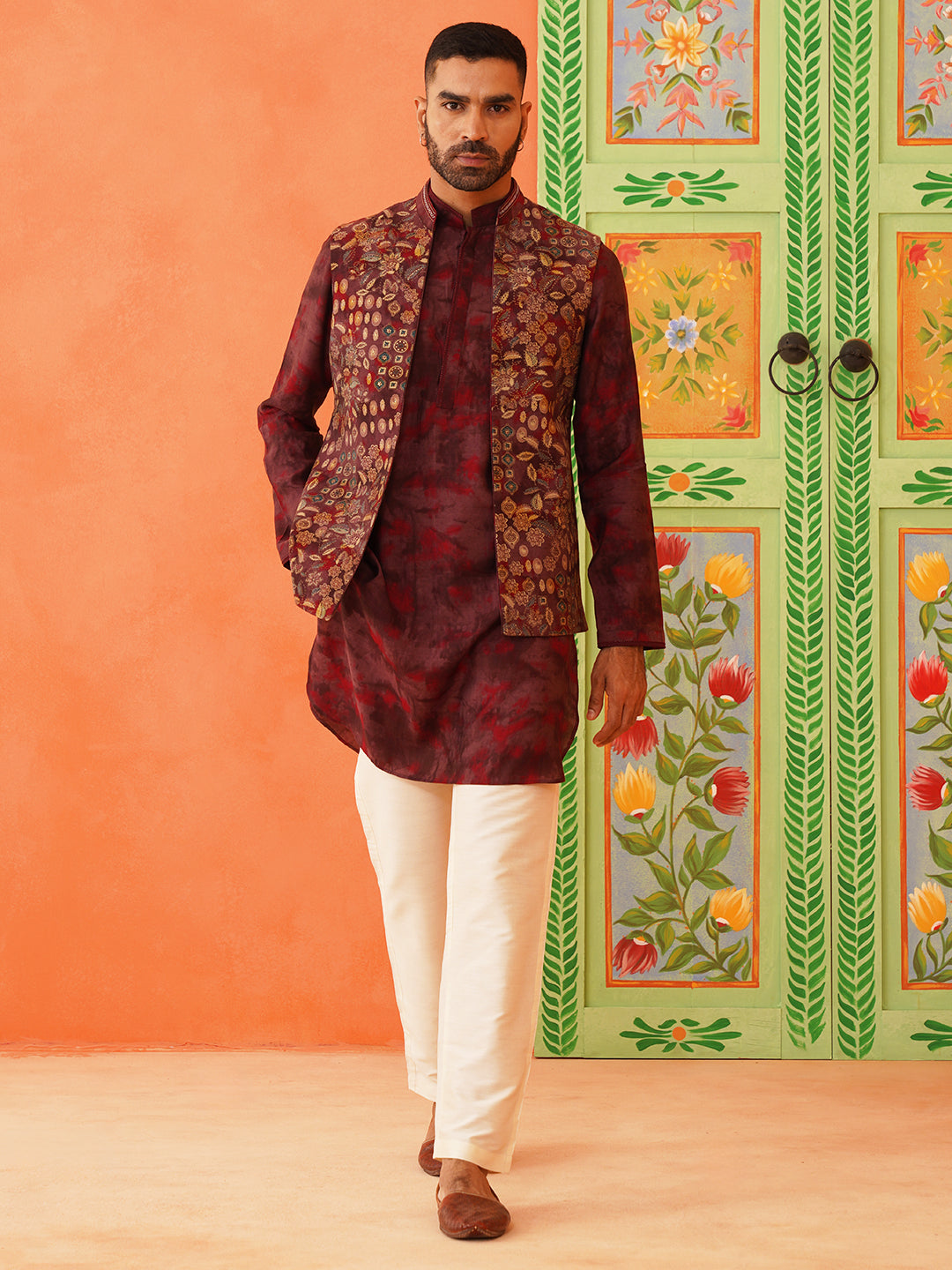 Maroon Printed Jacket Kurta Set