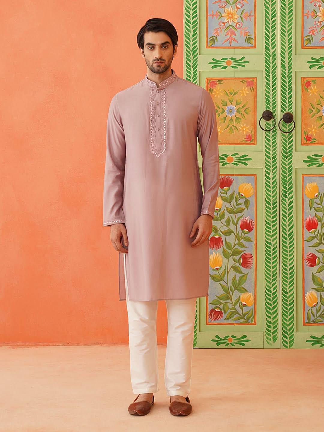 Onion Pink Embroidery Long Bundi Kurta Set