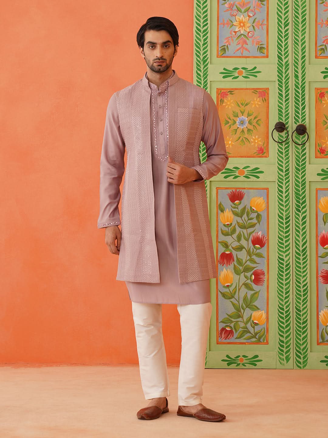 Onion Pink Embroidery Long Bundi Kurta Set