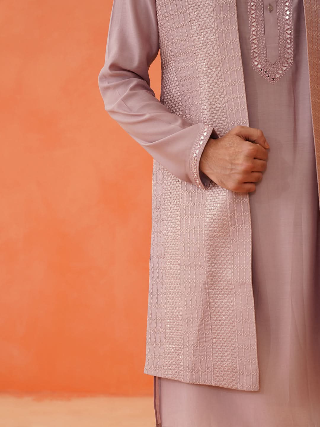 Onion Pink Embroidery Long Bundi Kurta Set