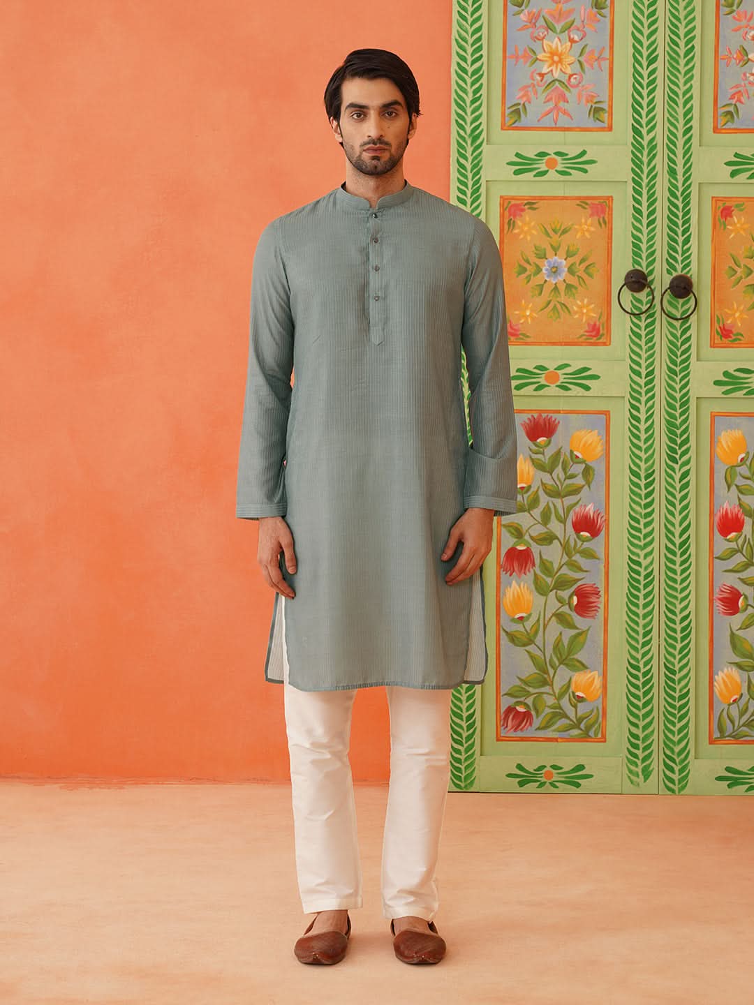 Grey Bandhani Print Ceremonial jacket Kurta Set