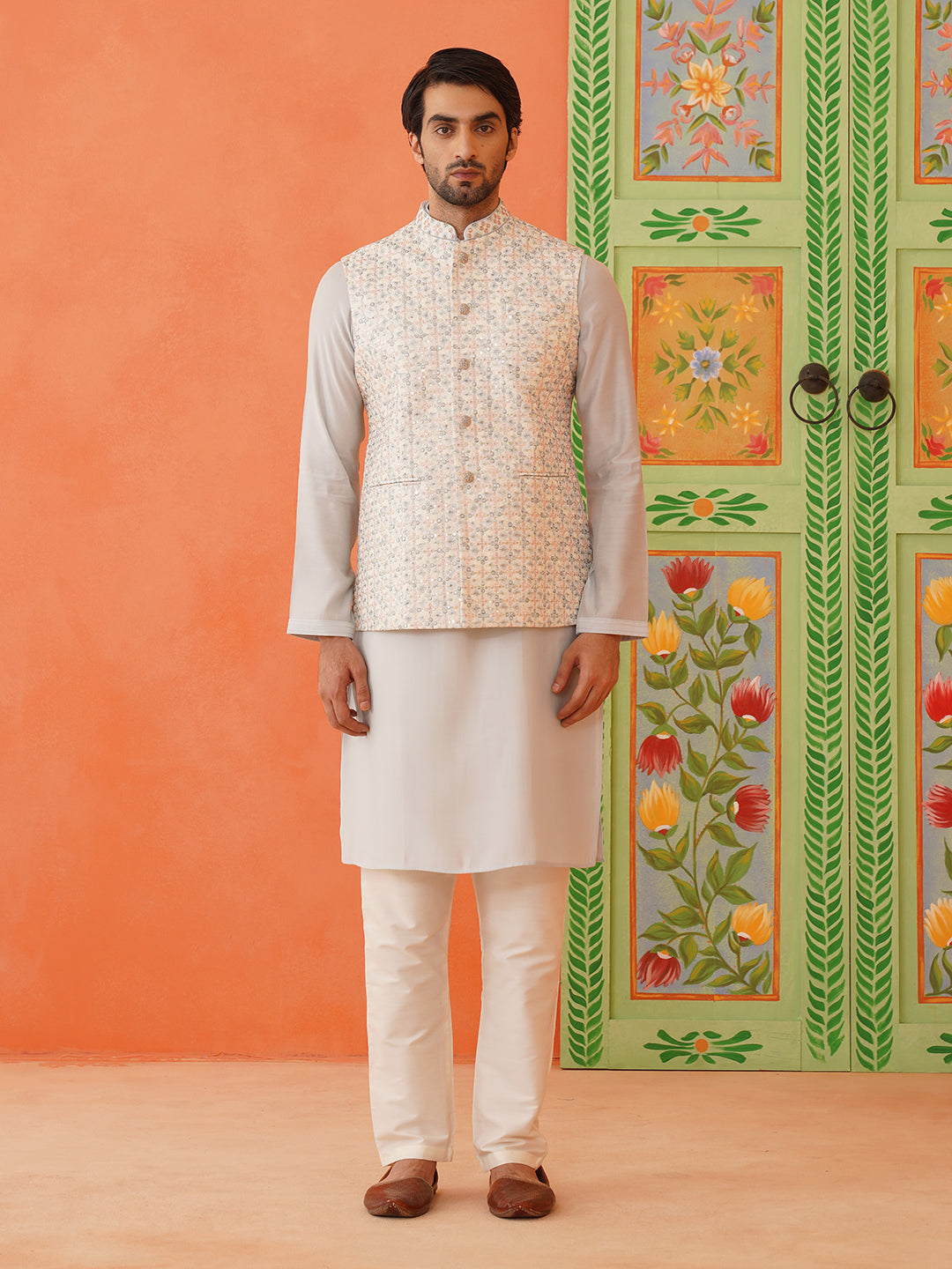 Cream Embroidered Jacket Kurta Set