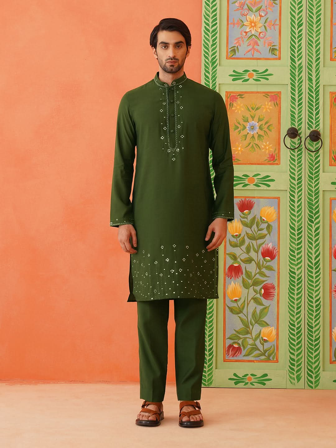 Green Embroidery Kurta Jacket Set