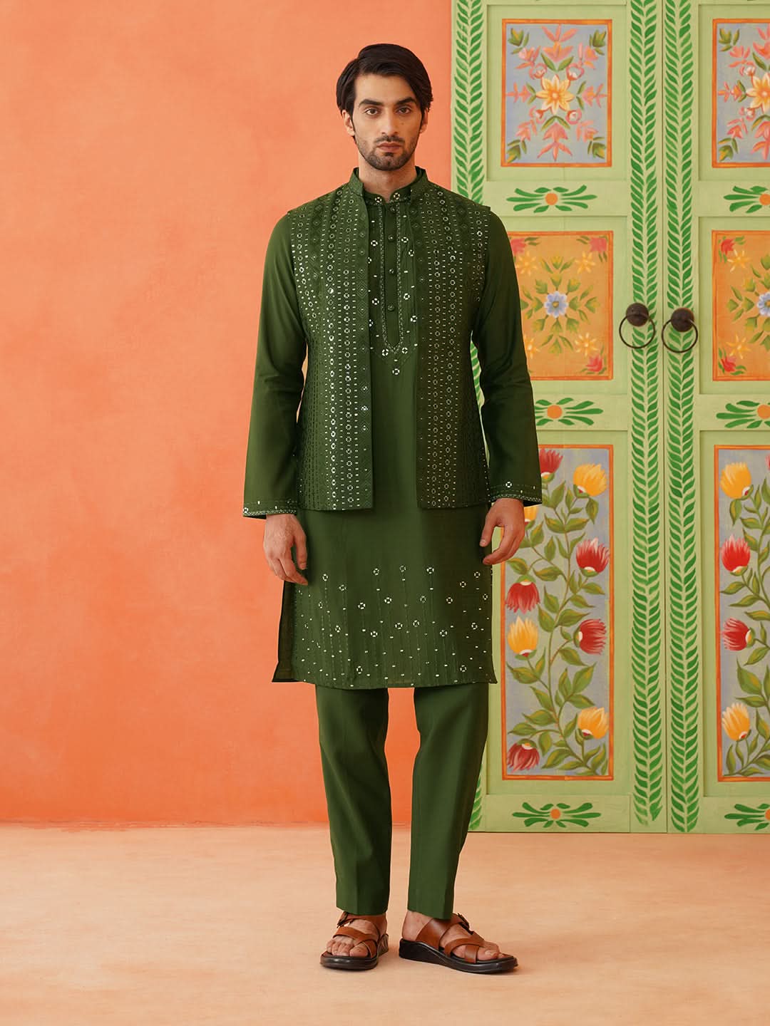 Green Embroidery Kurta Jacket Set