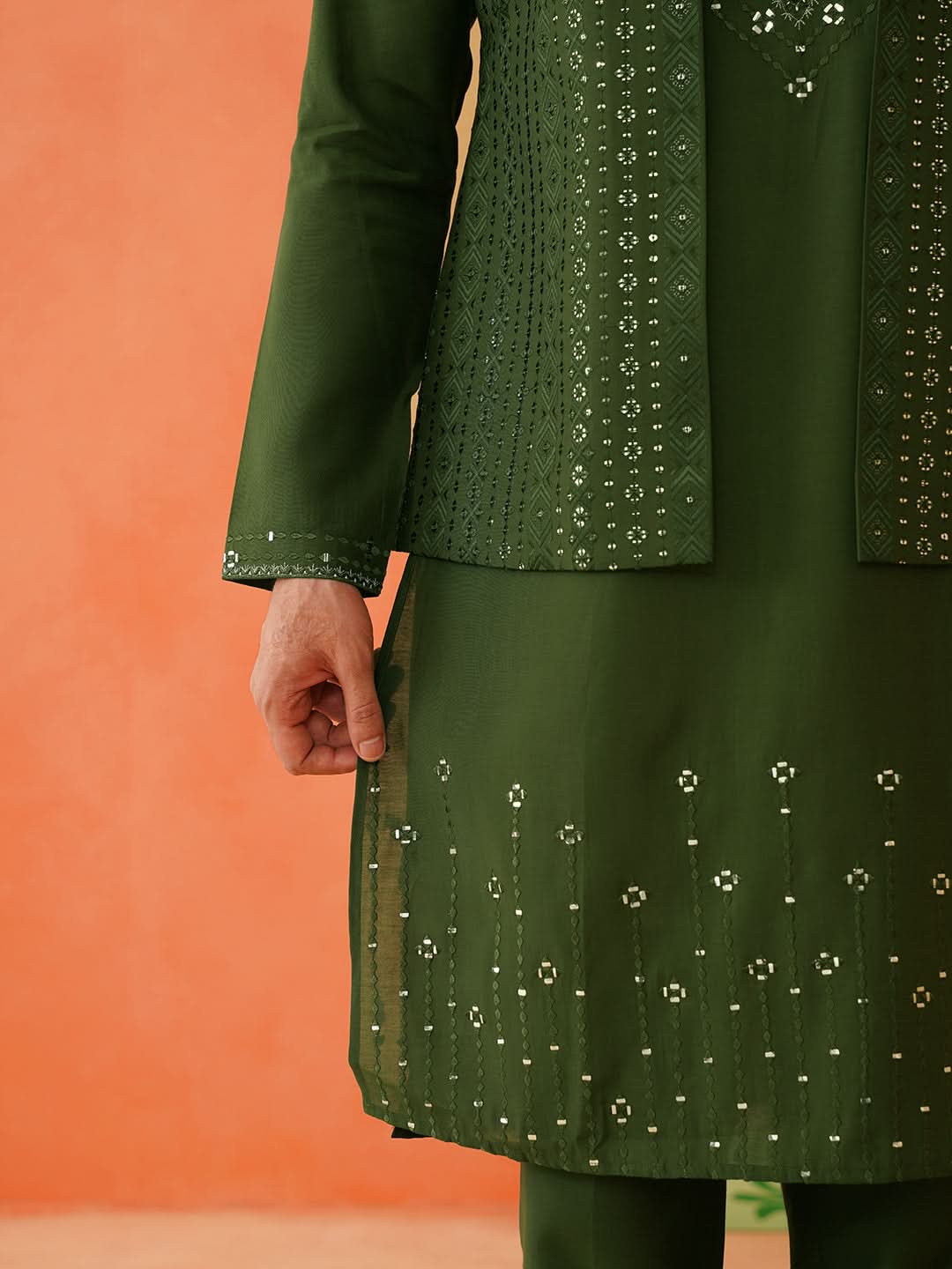 Green Embroidery Kurta Jacket Set