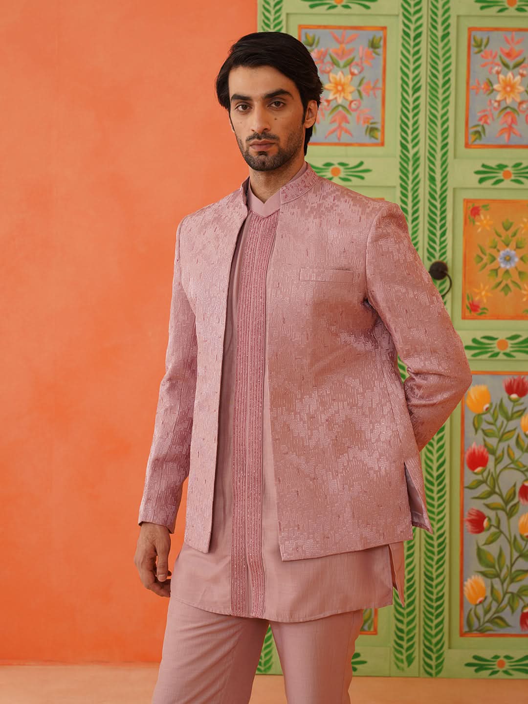 Onion pink front open jacket with short kurta set