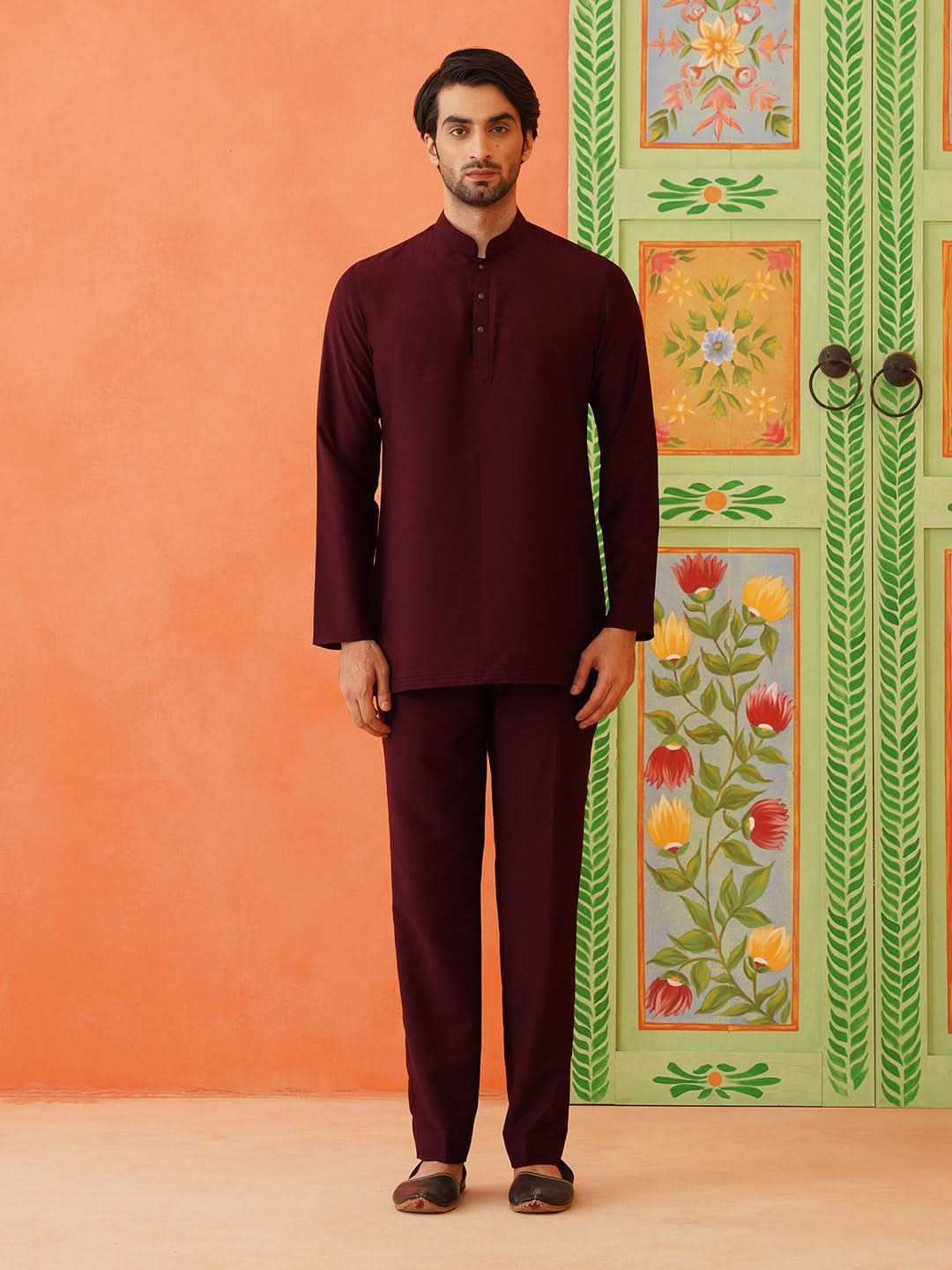 Maroon Navy Velvet Open IndoWestern Set