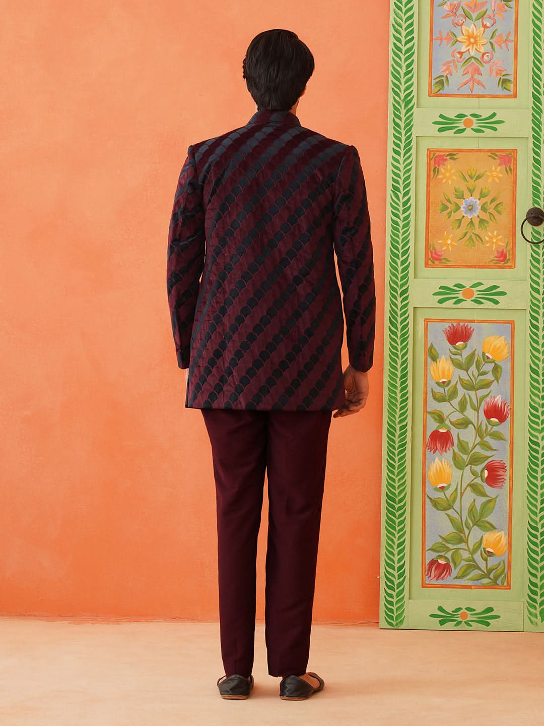 Maroon Navy Velvet Open IndoWestern Set