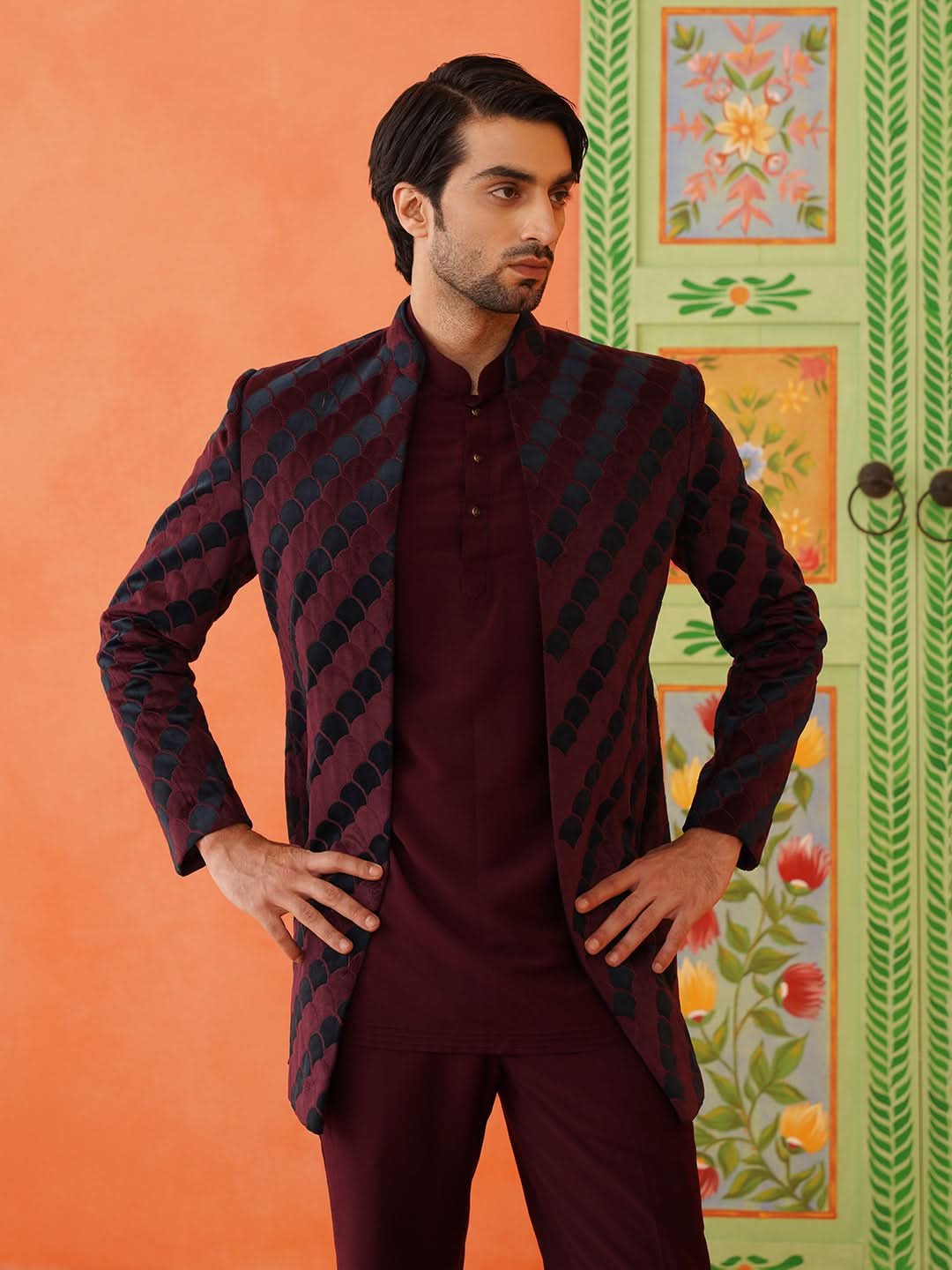 Maroon Navy Velvet Open IndoWestern Set