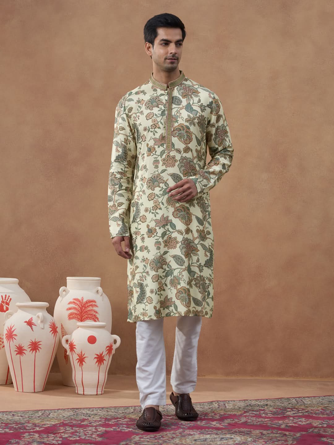 Beige Kalamkari Printed Kurta Set