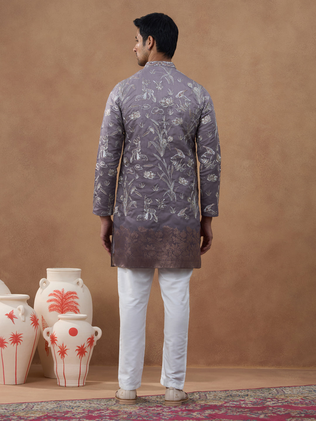 Embroidered Mauve Silk Kurta Set