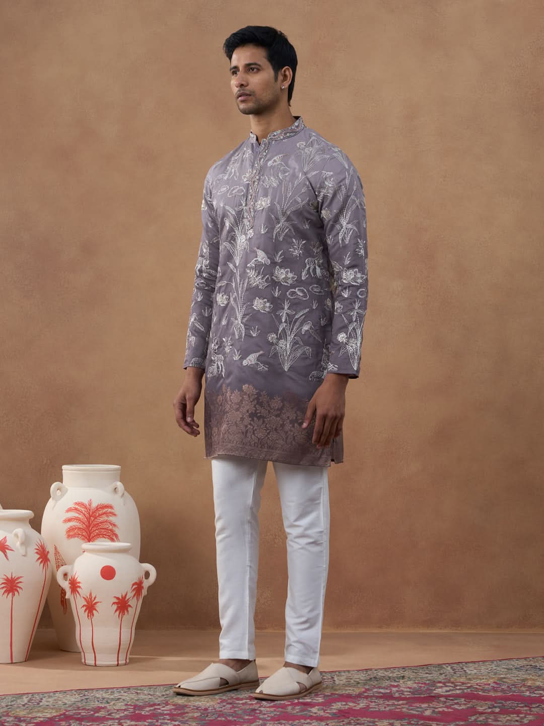 Embroidered Mauve Silk Kurta Set