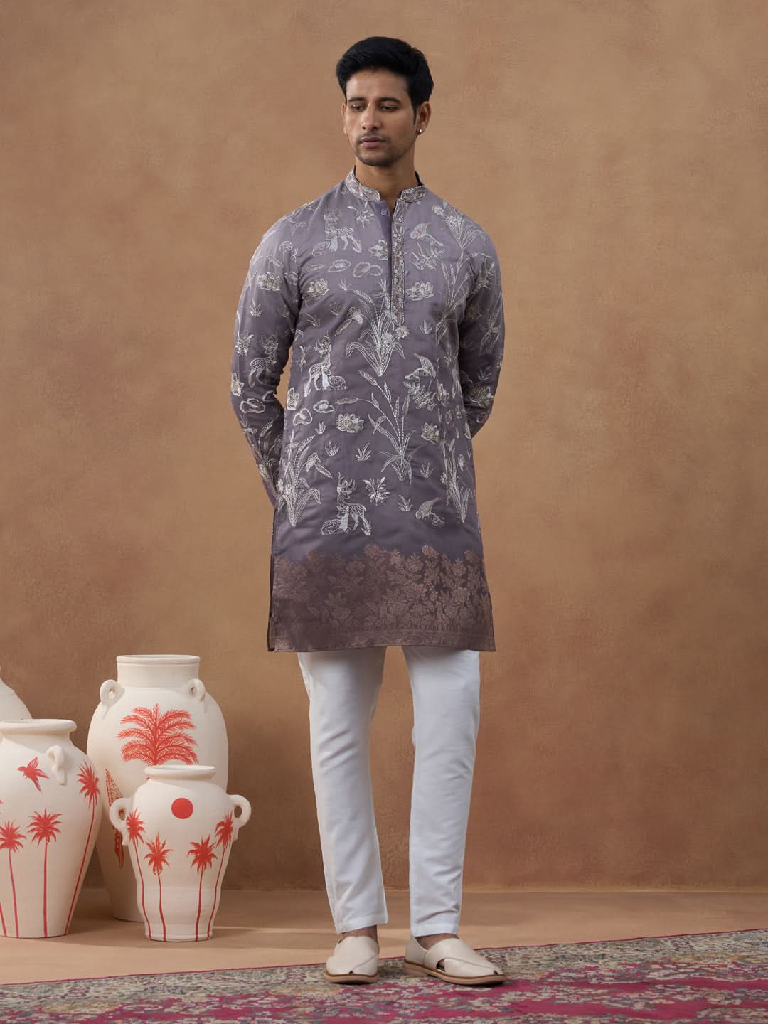 Embroidered Mauve Silk Kurta Set