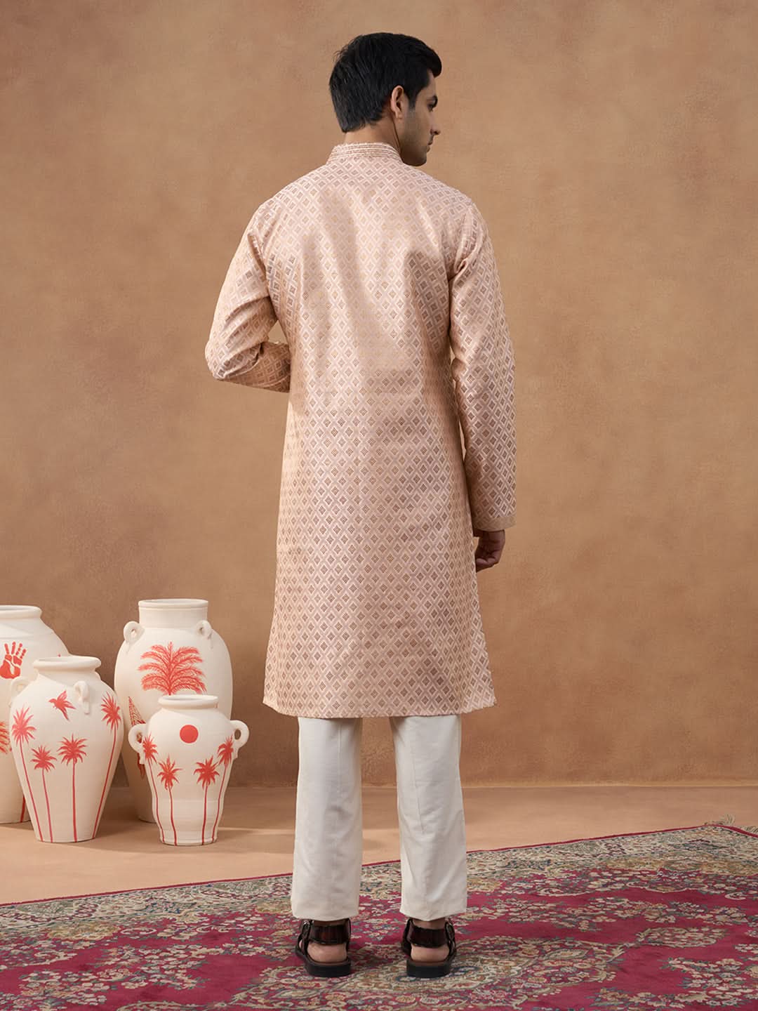 Peach Brocade Front-Open Kurta Set