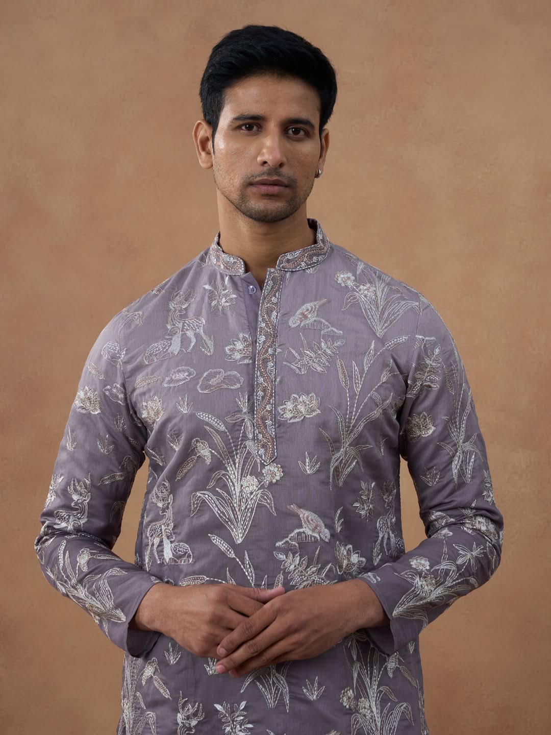 Embroidered Mauve Silk Kurta Set