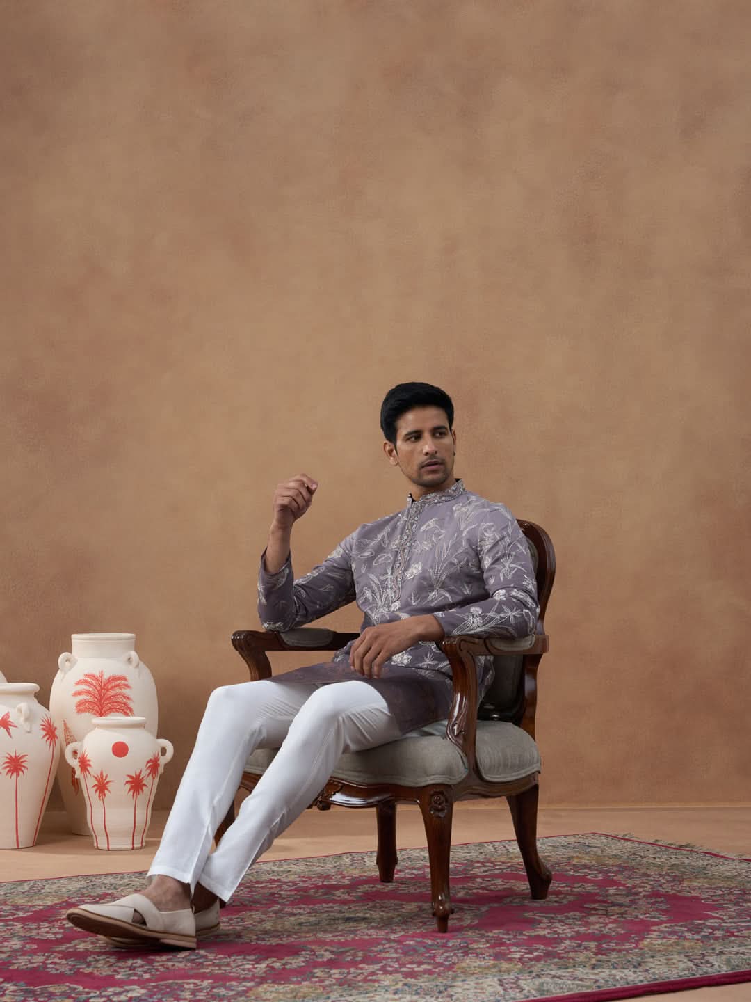 Embroidered Mauve Silk Kurta Set