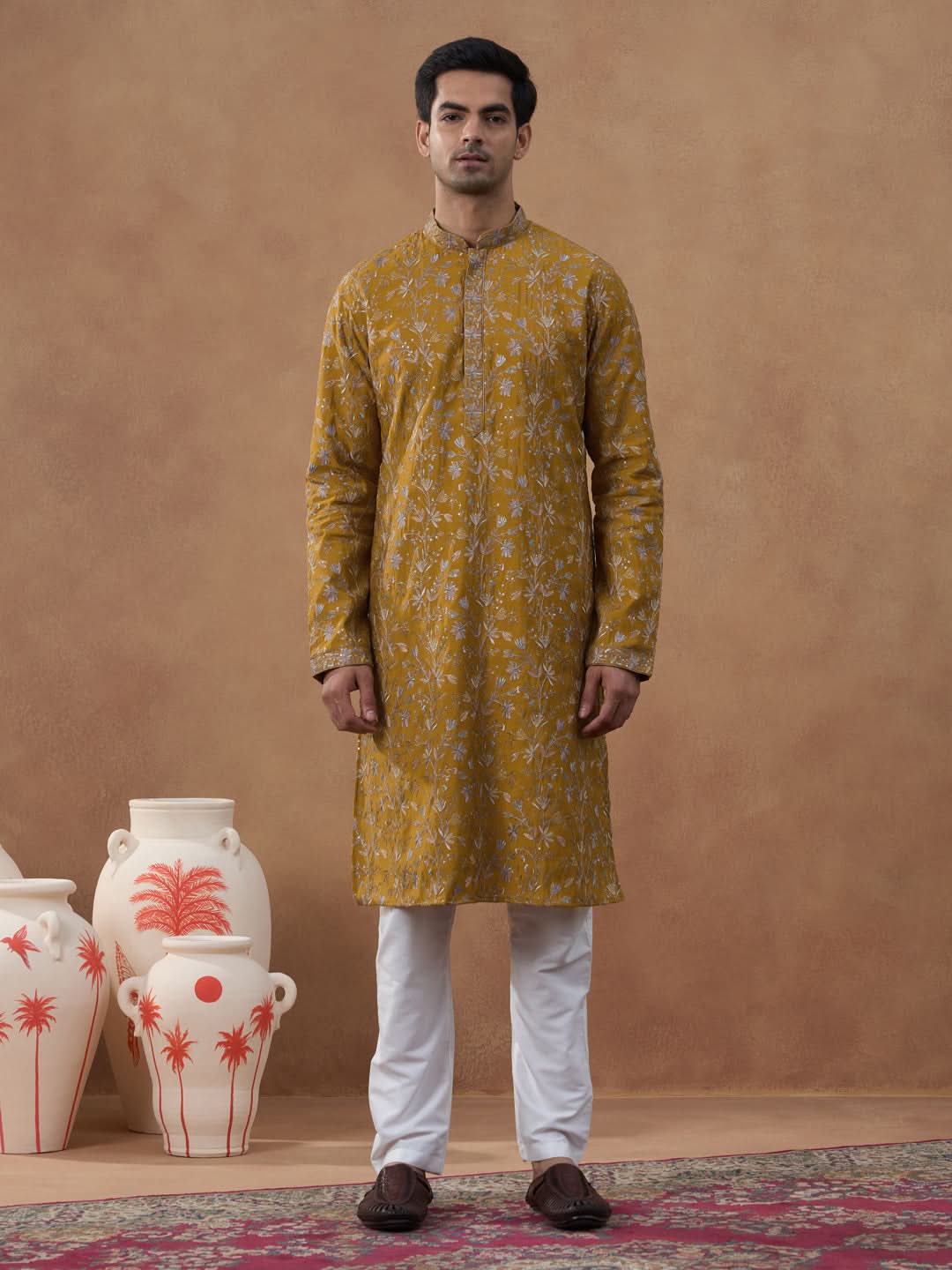 Mustard Floral Embroidery Kurta Set