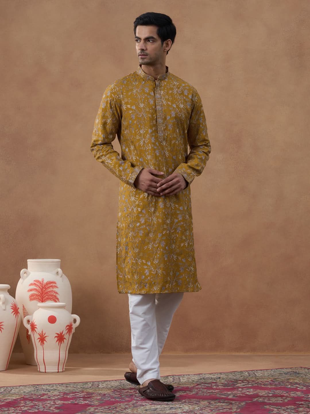 Mustard Floral Embroidery Kurta Set