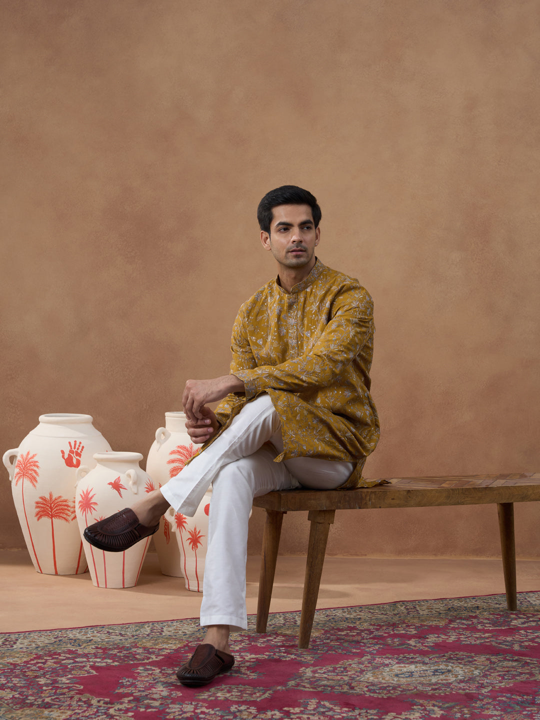 Mustard Floral Embroidery Kurta Set