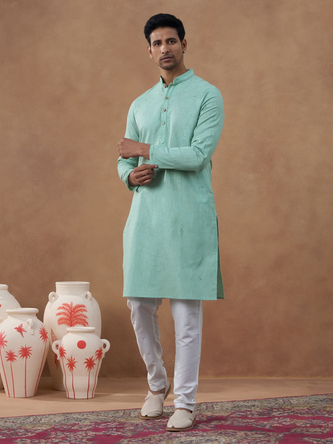 Pista Green Cotton Linen Kurta Set