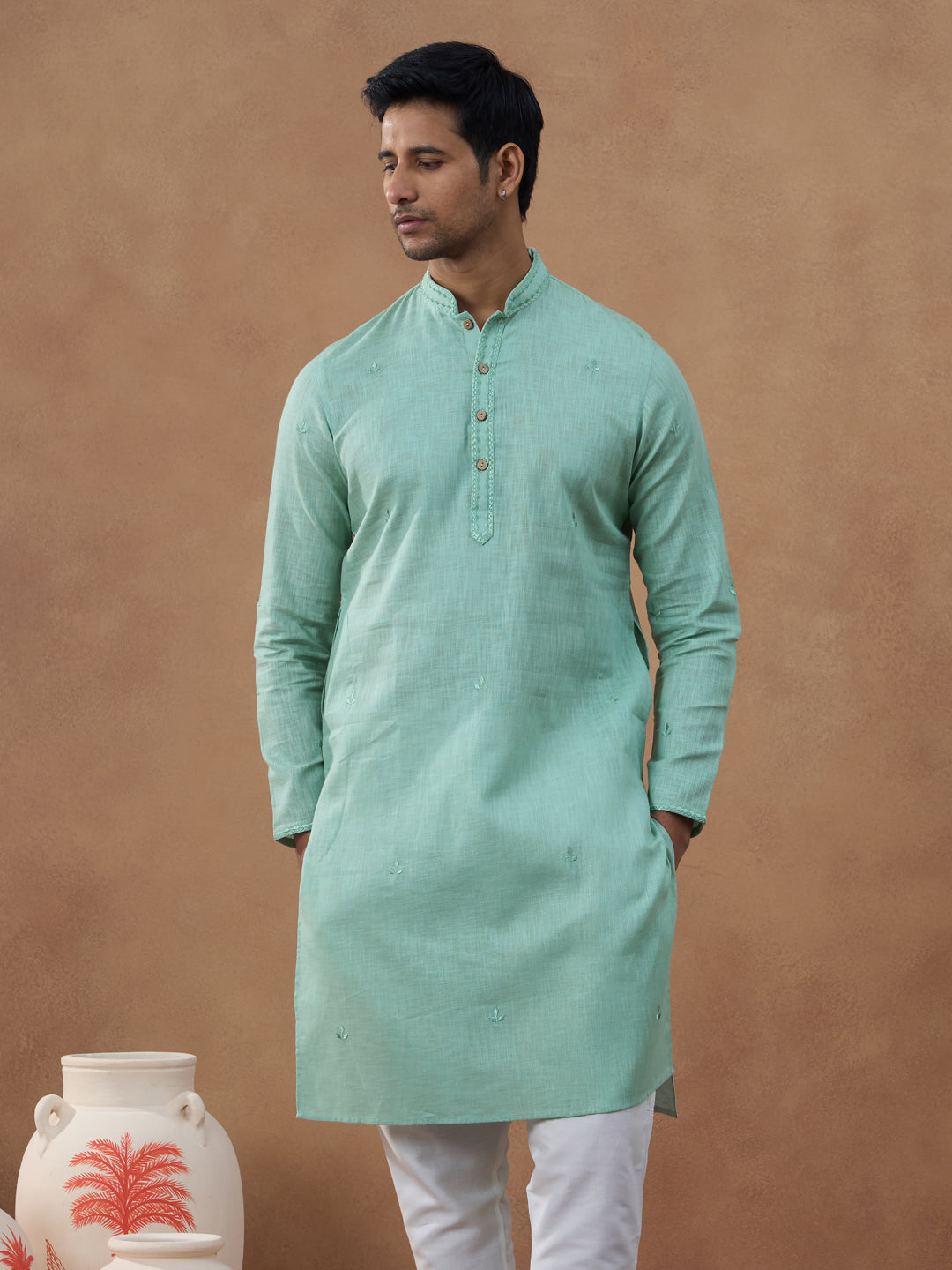 Pista Green Cotton Linen Kurta Set