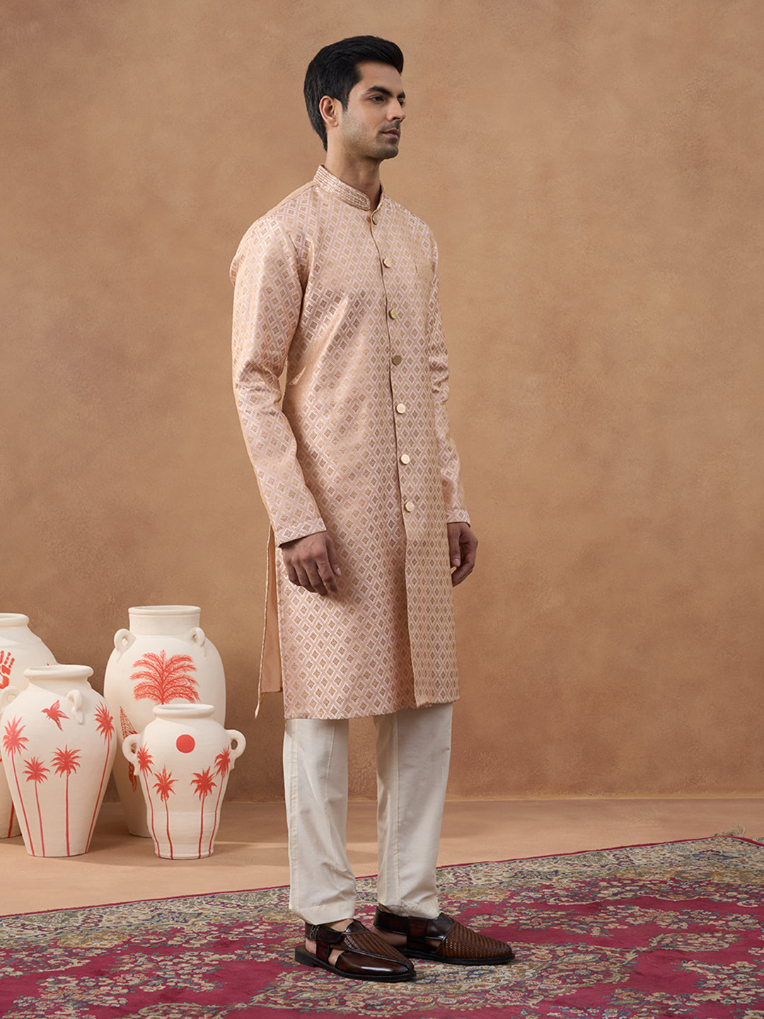 Peach Brocade Front-Open Kurta Set