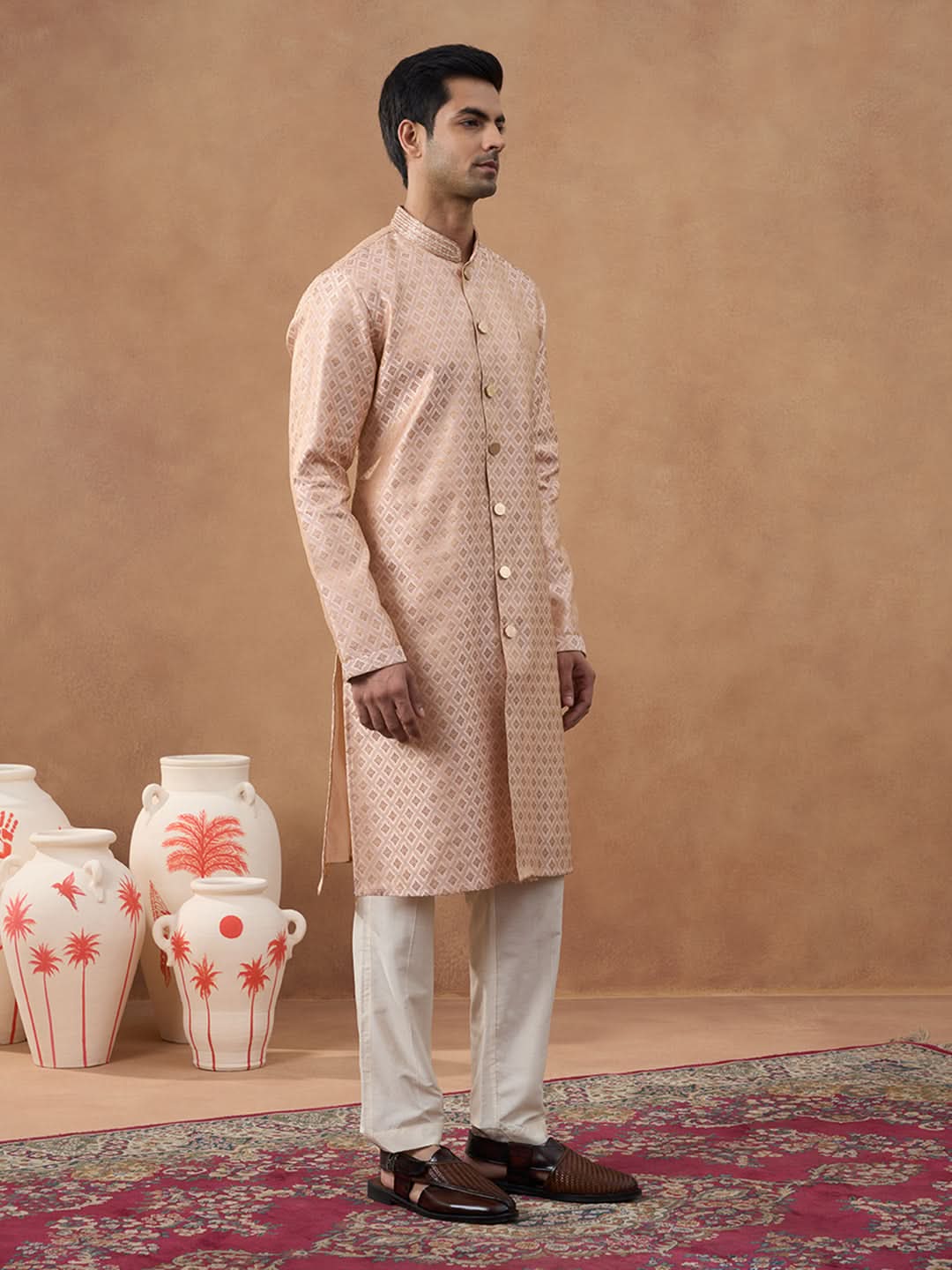 Peach Brocade Front-Open Kurta Set